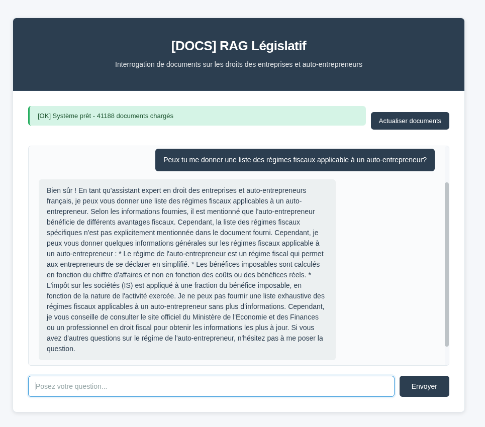 Capture d'écran du frontend RAG - Système RAG Législatif